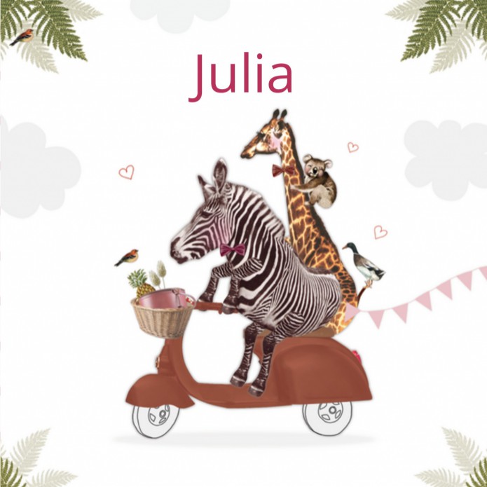 Geboortekaartje Giraf en Zebra op scooter Julia