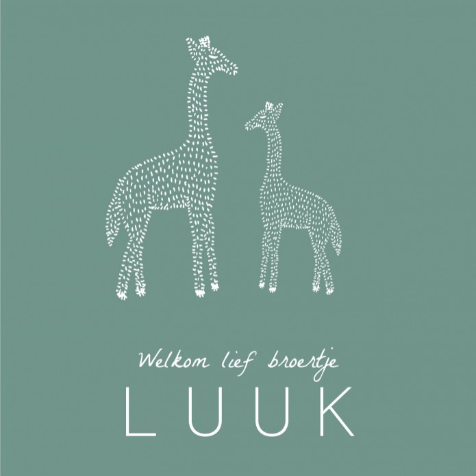 Groen geboortekaartje dieren girafjes broertje Luuk