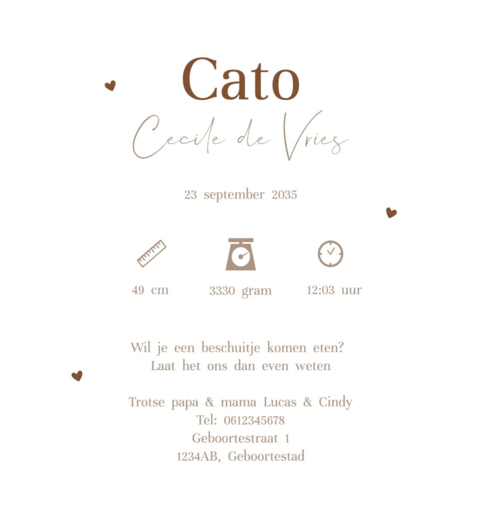 Rechter binnenzijde van geboortekaartje Cato