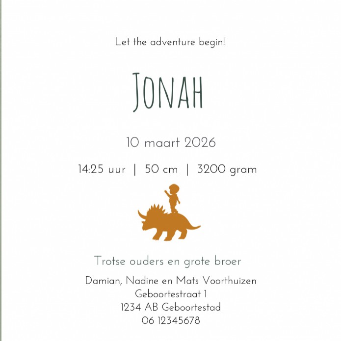 Geboortekaartje jongen dinosaurus Jonah - koperfolie optioneel