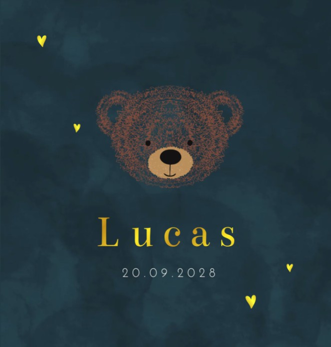 Geboortekaartje jongen beer waterverf Lucas