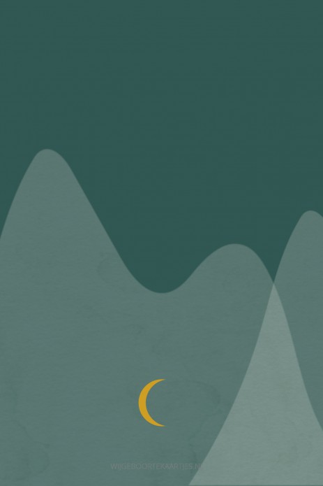 Geboortekaartje jongen bergen groen met gouden maan Luca achter