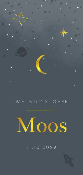 Geboortekaartje jongen blauw maan en sterren in goud Moos