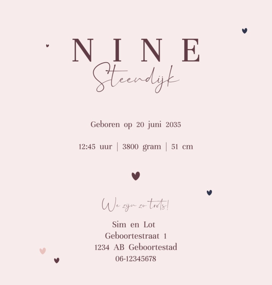 Rechter binnenzijde van geboortekaartje Nine