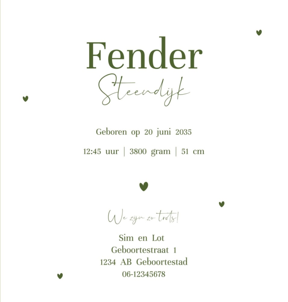 Rechter binnenzijde van geboortekaartje Fender