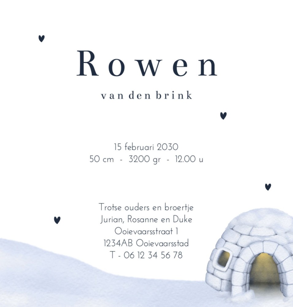 Binnenkant van geboortekaartje met naam Rowen en geboortegegevens met iglo illustratie