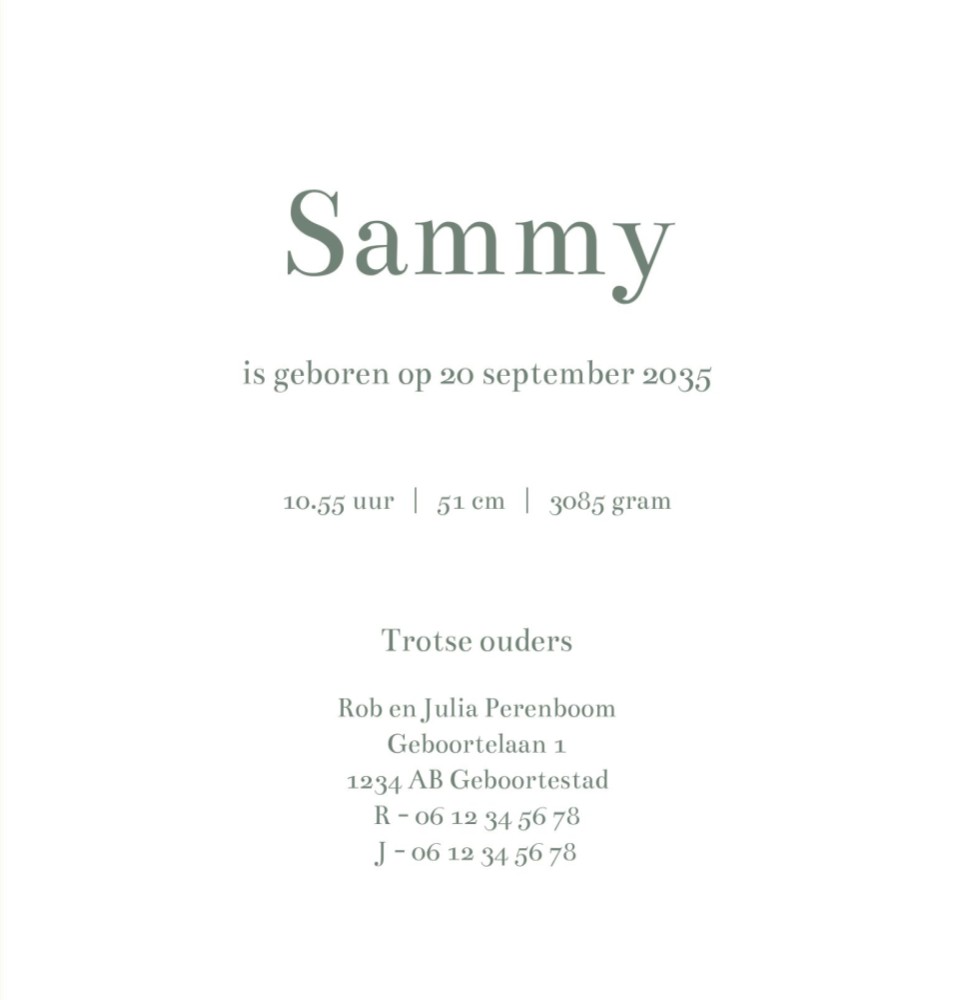 Rechter binnenzijde van geboortekaartje Sammy
