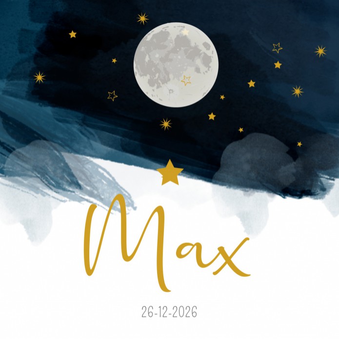 Geboortekaartje blauwe aquarel maan Max - goudfolie optioneel