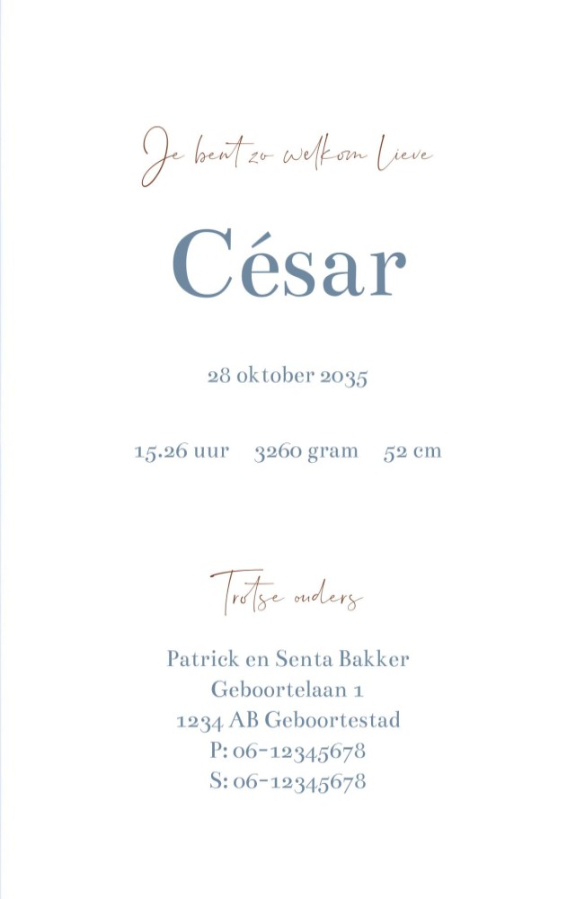 Rechter binnenzijde van geboortekaartje nijntje blauw ovaal kader César