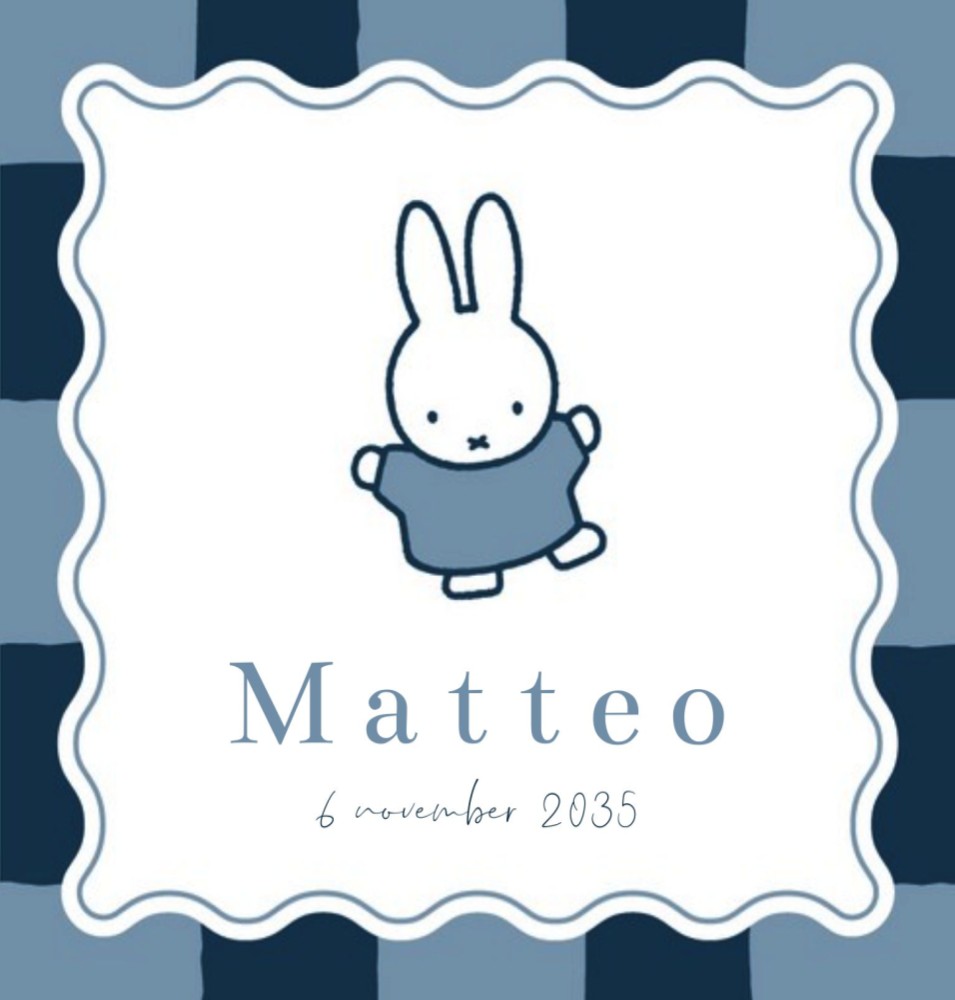 Geboortekaartje jongen nijntje geblokt blauw Matteo