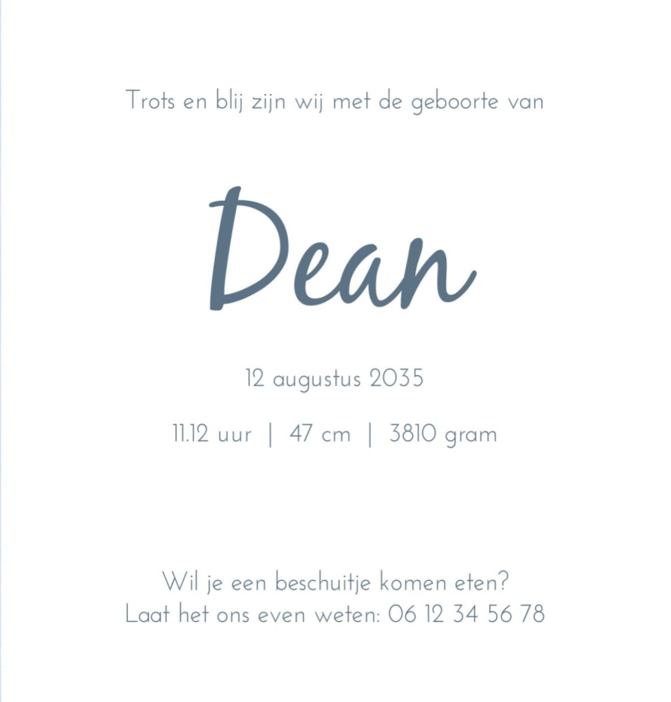 Rechter binnenzijde van geboortekaartje jongen nijntje portret goudlook Dean