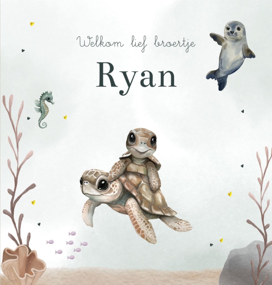 Geboortekaartje jongen onderwater schildpad broertje Ryan