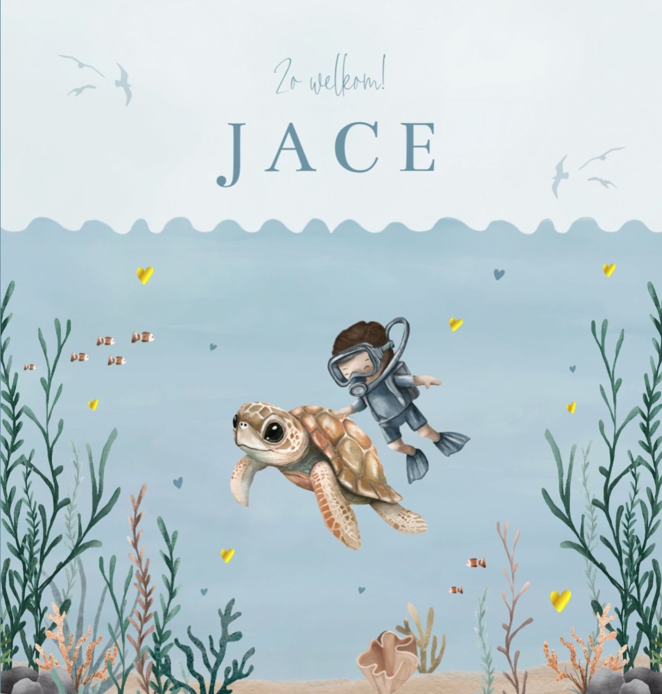 Geboortekaartje jongen onderwater schildpad Jace