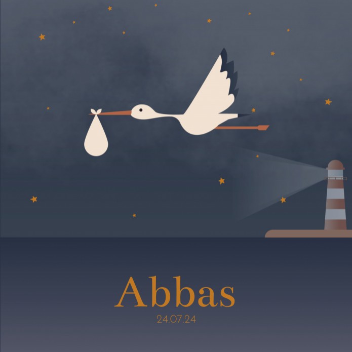 Geboortekaartje jongen ooievaar Abbas - koperfolie optioneel voor