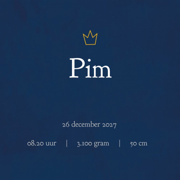 Geboortekaartje blauw met gouden kroon Pim