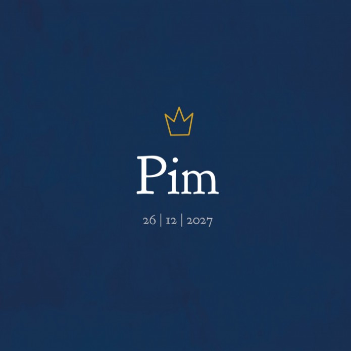 Geboortekaartje blauw met gouden kroon Pim