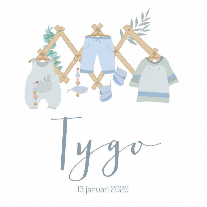 Geboortekaartje rekje met babykleding kinderkamer Tygo voor