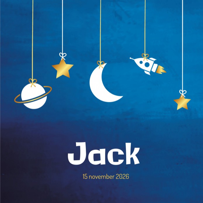 Geboortekaartje blauw met maan, sterren en raket Jack voor
