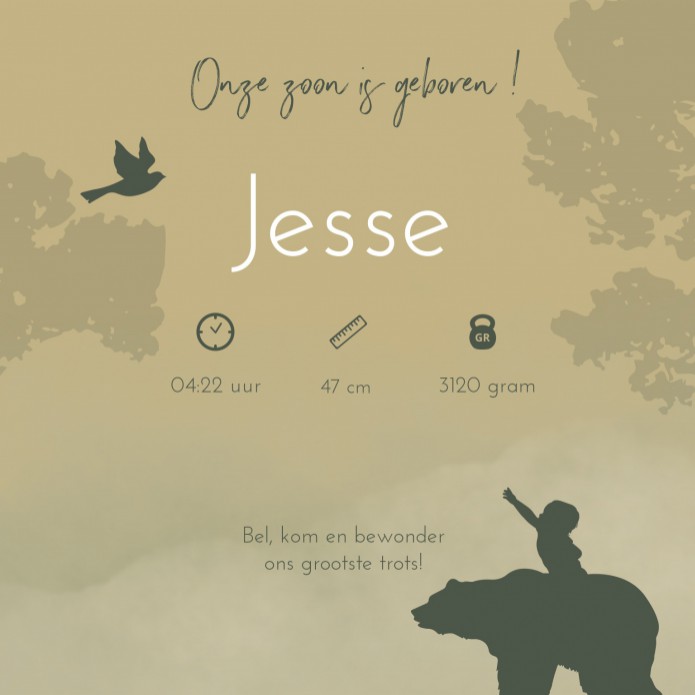 Geboortekaartje jongen dieren bos silhouette Jesse binnen
