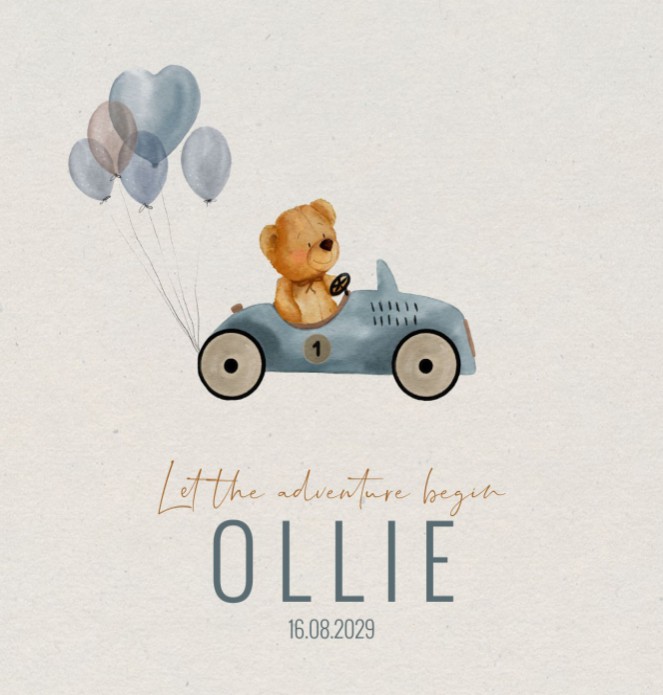 Geboortekaartje jongen teddybeer auto Ollie