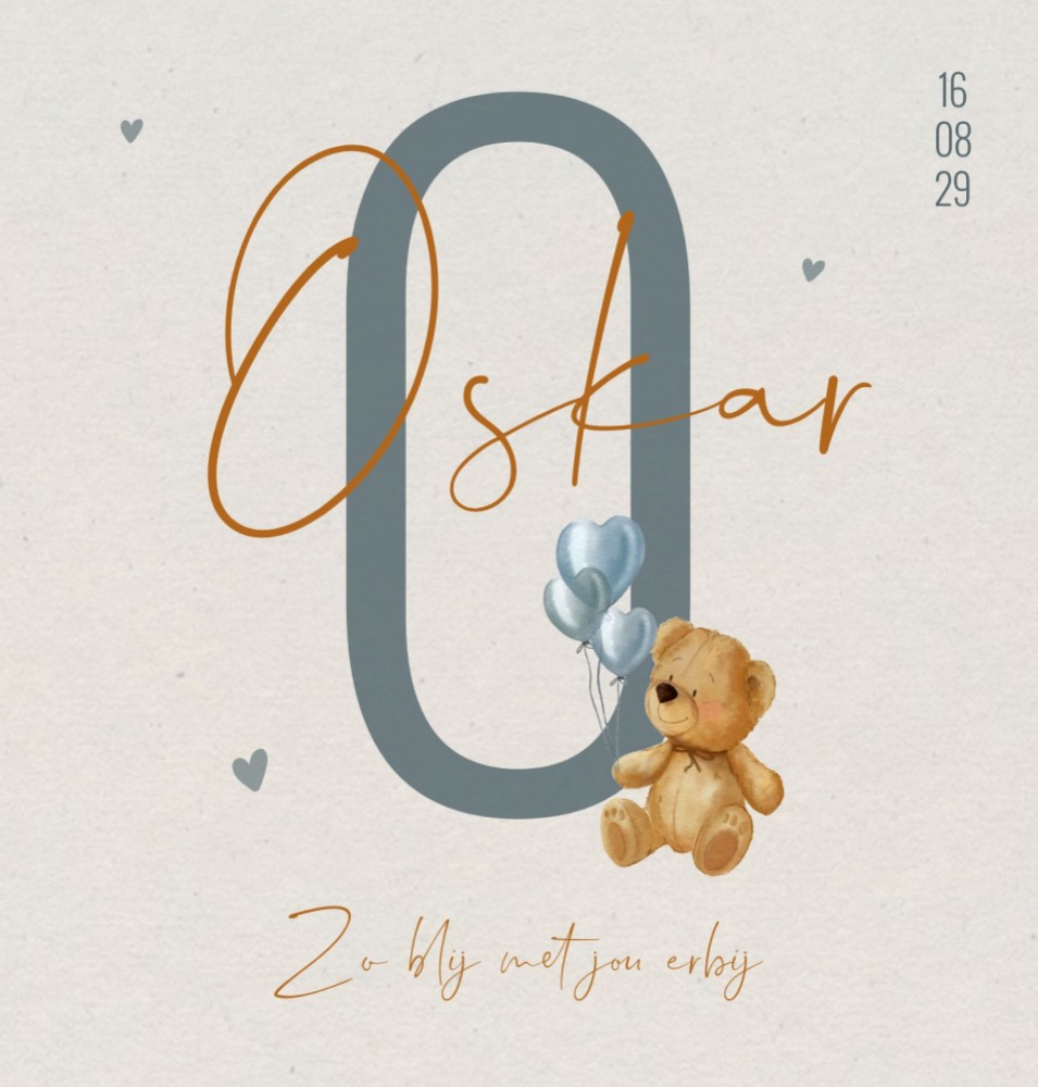 Geboortekaartje jongen teddybeer initiaal Oskar