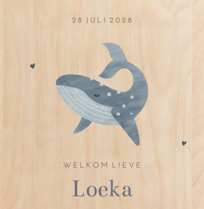 Geboortekaartje jongen walvis hout Loeka