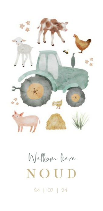 Geboortekaartje jongen boerderij tractor aquarel Noud