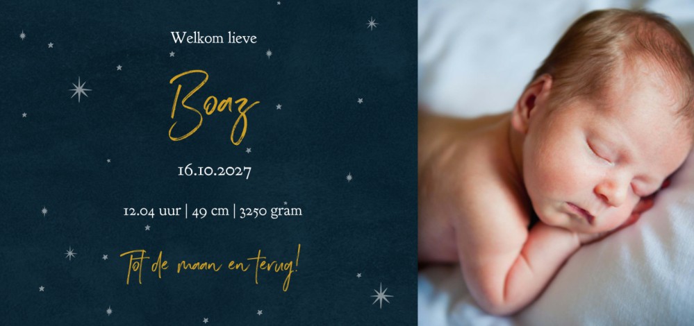 Geboortekaartje jongen donker met goudfolie naam, sterren en foto Boaz