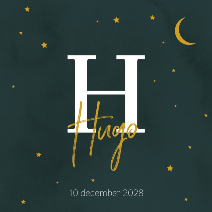 Geboortekaartje jongen initiaal met maan en sterren Hugo