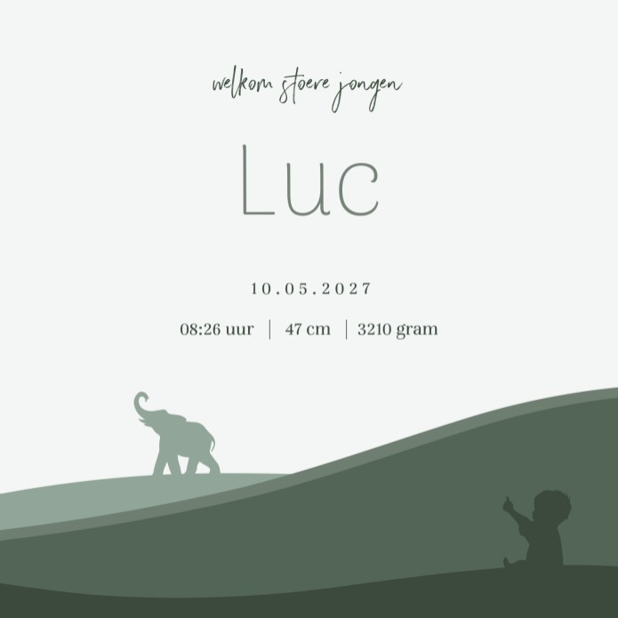 Geboortekaartje jongen olifant groen silhouette Luc