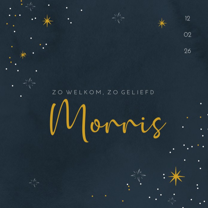Geboortekaartje jongen donkerblauw met gouden sterren Morris