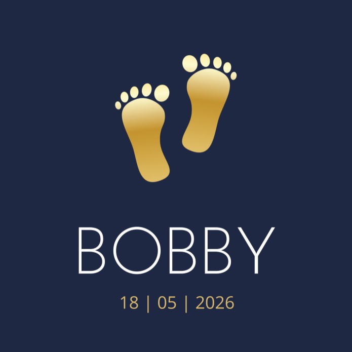 Geboortekaartje jongen voetjes goud en blauw Bobby voor