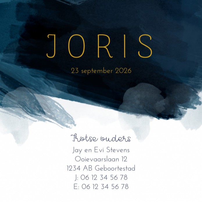 Geboortekaartje blauwe aquarel met ster Joris - goudfolie optioneel