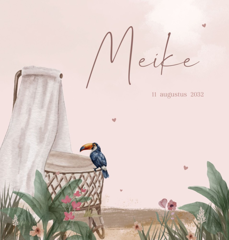Geboortekaartje meisje jungle met wiegje Meike