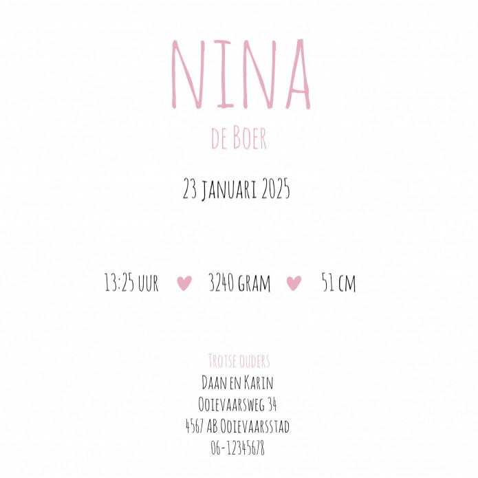 Geboortekaartje kleine hartjes Nina