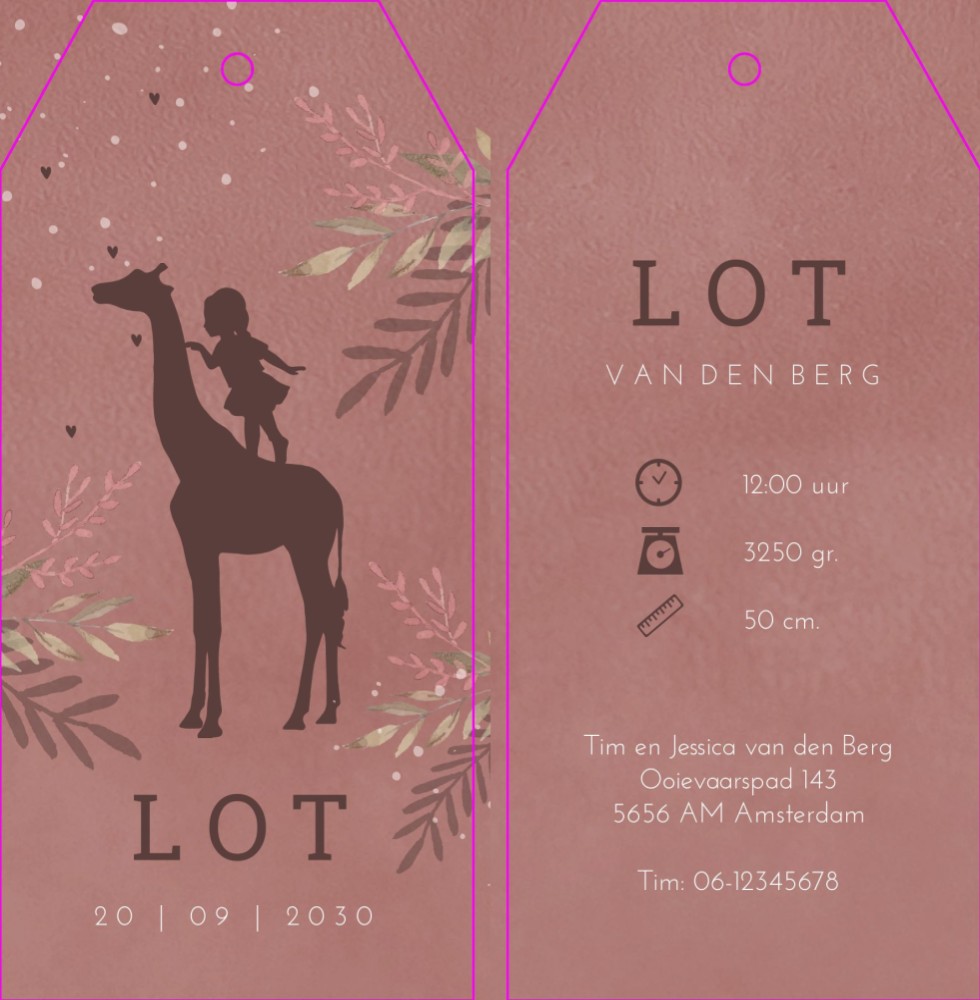 Geboortekaartje label meisje roze silhouette giraffe Lot