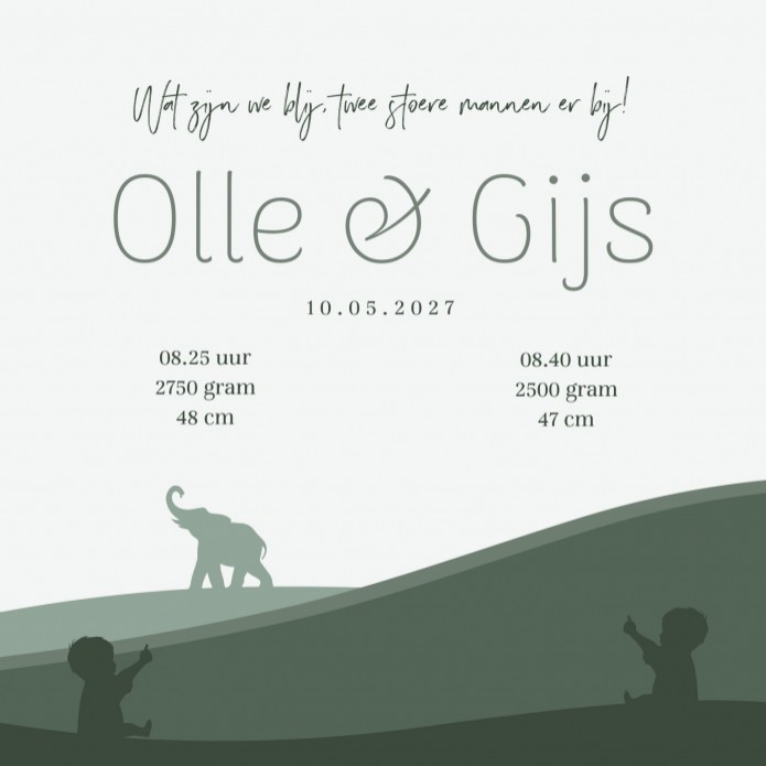 Geboortekaartje tweeling groene silhouette landschap Olle en Gijs binnen