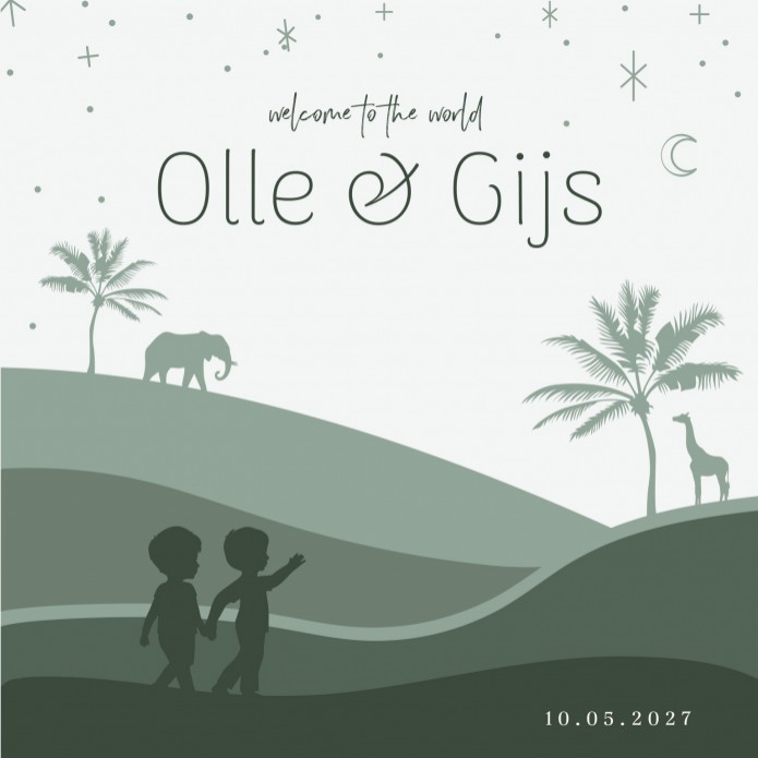 Geboortekaartje tweeling groene silhouette landschap Olle en Gijs voor