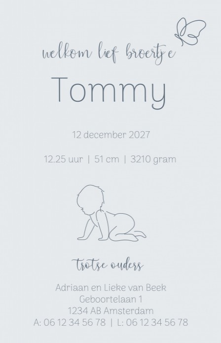 Geboortekaartje zoon lieve lijntekening blauw Tommy achter