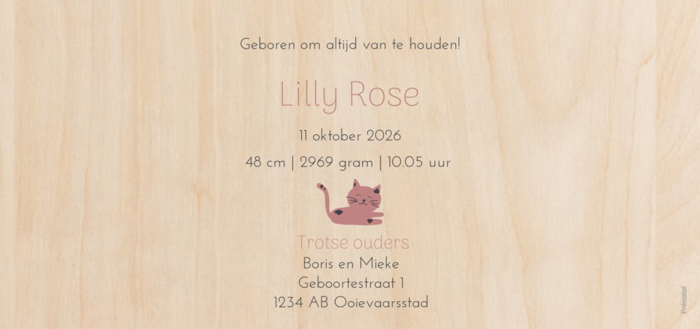 Geboortekaartje Prénatal poes Lilly Rose - op echt hout