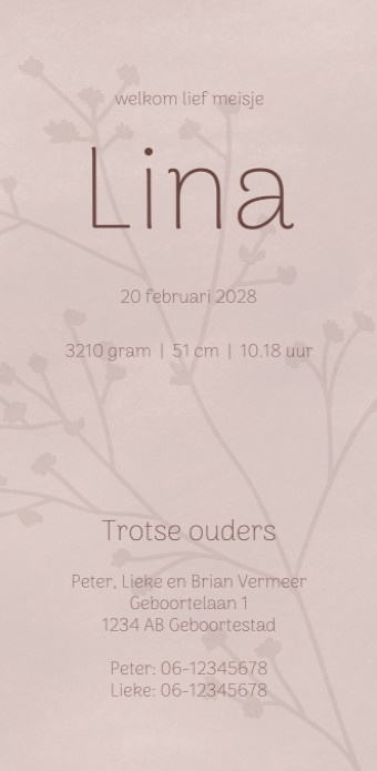 Geboortekaartje dochter paars roze botanical Lina achter