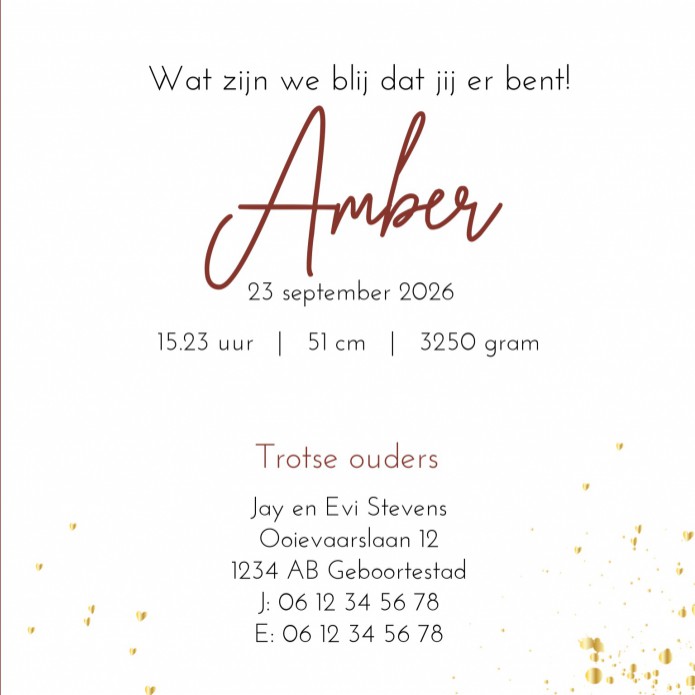 Geboortekaartje minimalistisch goud spetters Amber