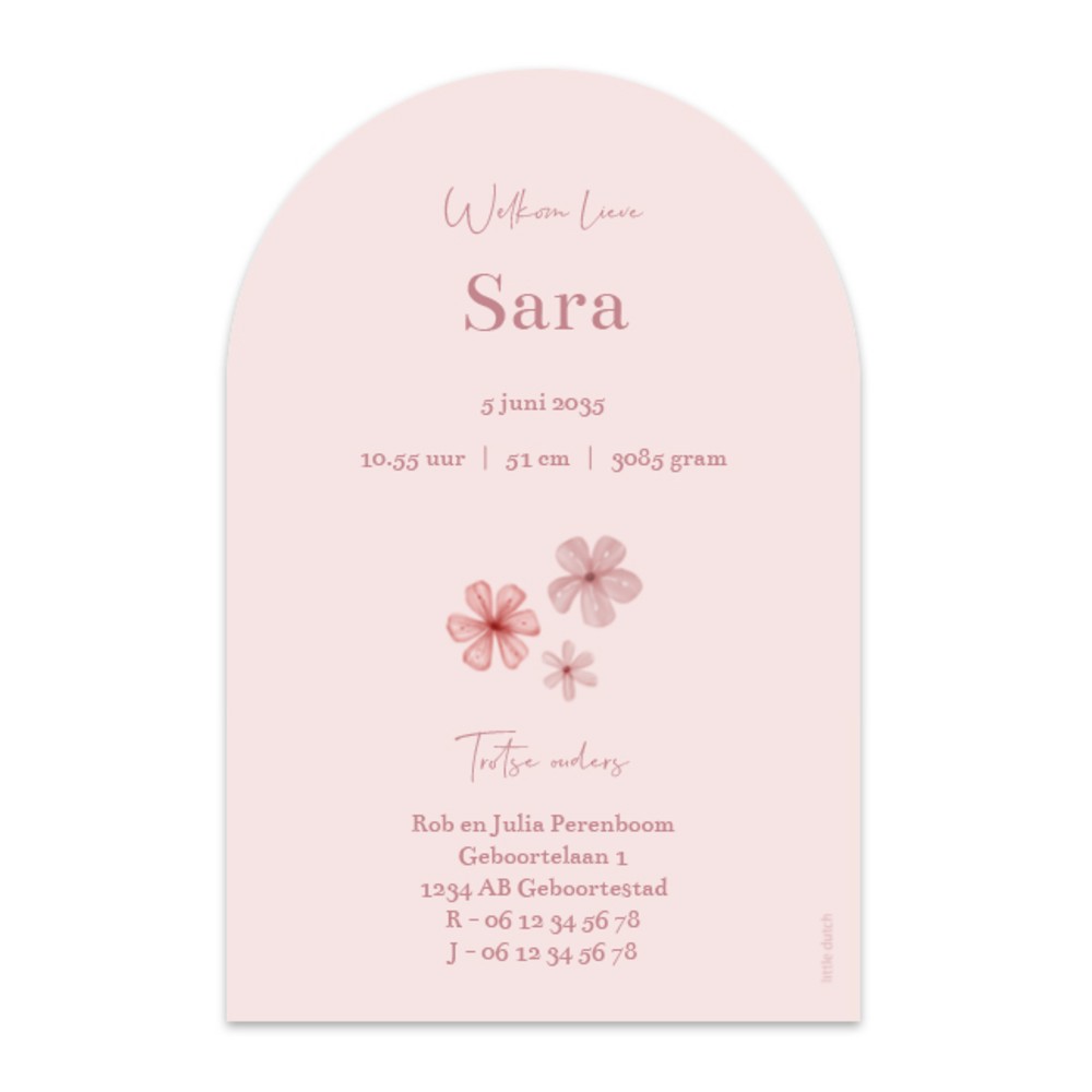 Geboortekaartje meisje Little Dutch boogvorm initiaal bloemen Sara