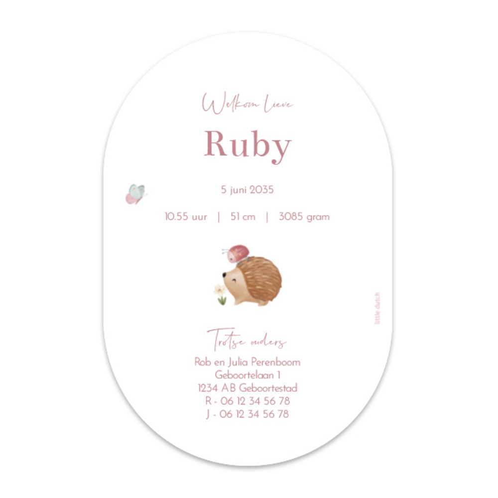 Geboortekaartje meisje Little Dutch ovaalvorm bosdieren Ruby