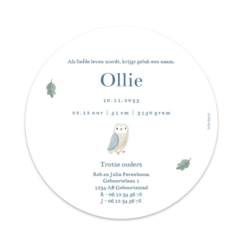 Achterkant van geboortekaartje Ollie