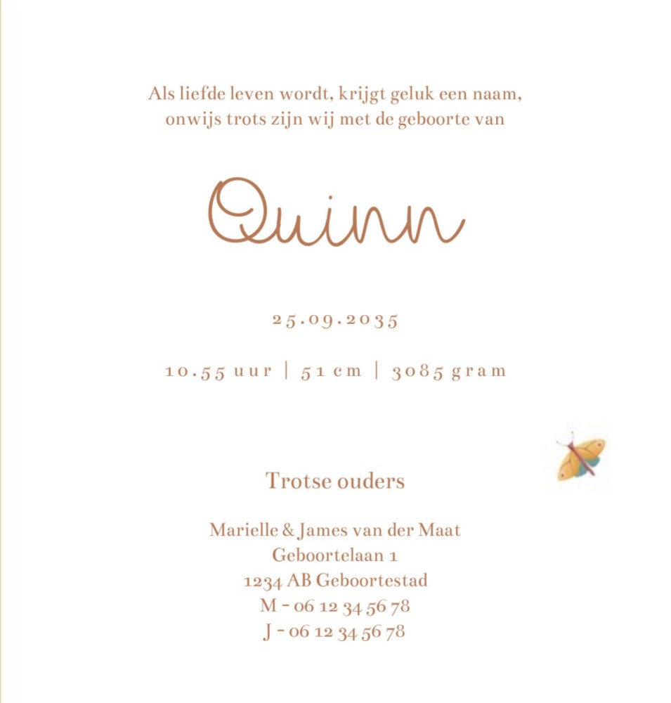 Rechter binnenzijde van geboortekaartje Quinn