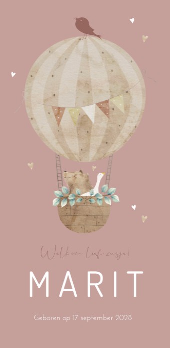 Geboortekaartje meisje roze luchtballon Marit