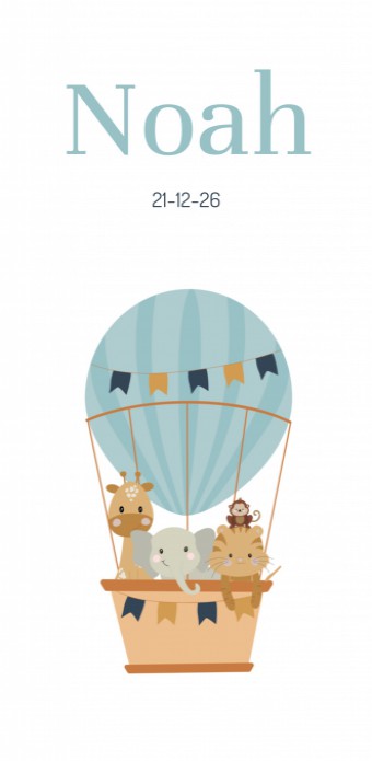 Geboortekaartje blauwe luchtballon met dieren Noah