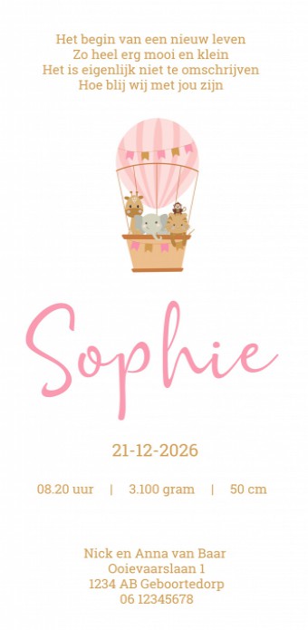 Geboortekaartje roze luchtballon met dieren Sophie