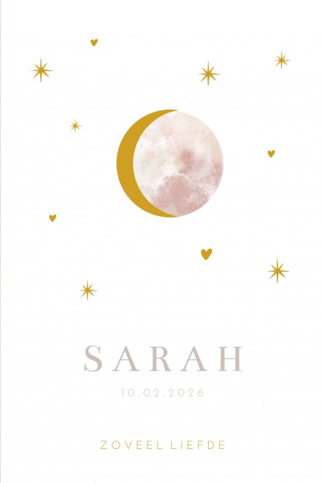 Geboortekaartje meisje gouden maan en sterren Sarah voor